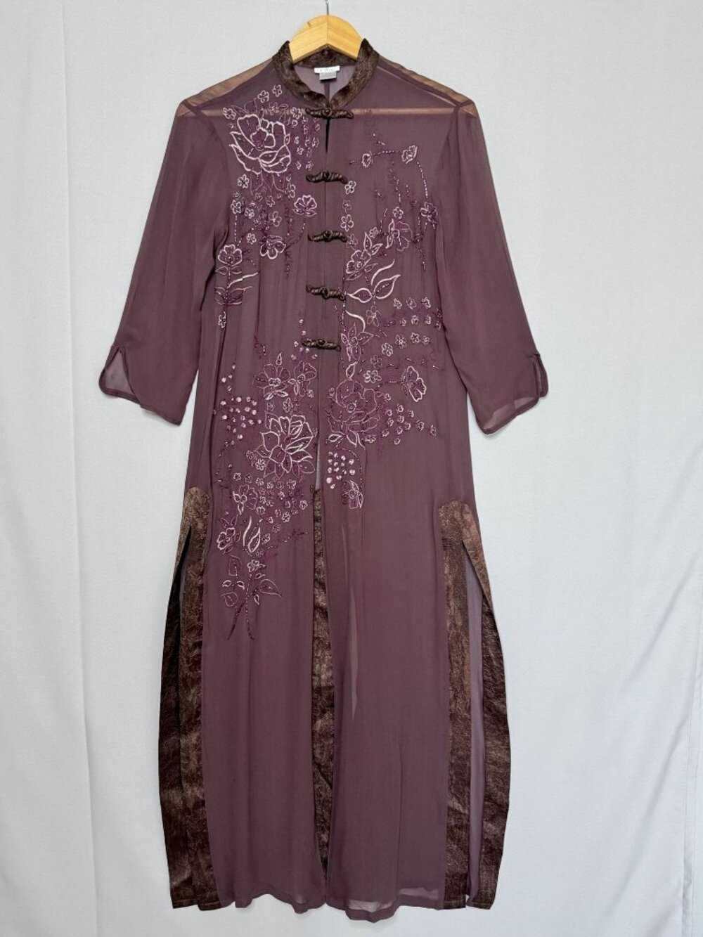90s Vintage t Rose Sheer Dusty Plum Beaded 3/4 Sleeve Long Tunic Duster Small